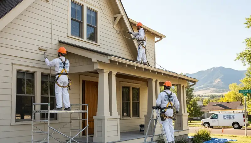 Painter applying a fresh coat on a Loveland, CO home exterior for professional painting services